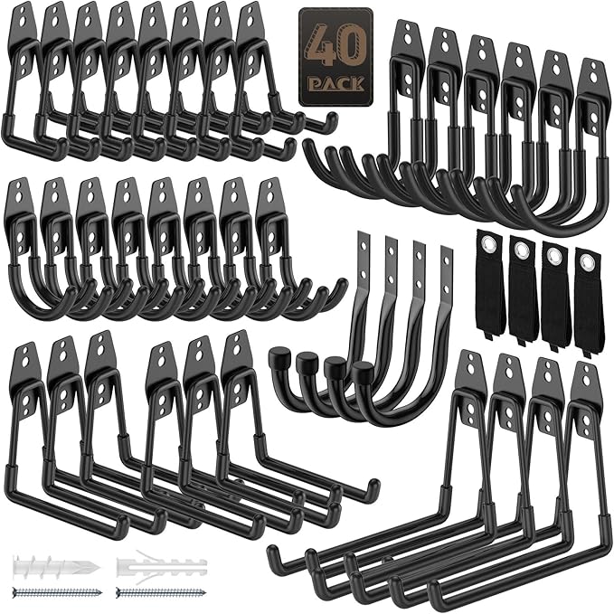 40 Pack Utility Steel Heavy Duty Wall Mount Garage Hooks,with Anti-Slip Coating,for Hanging Bikes,Ladder,Ropes,Bulk Items,Power,Yard and Garden Tools