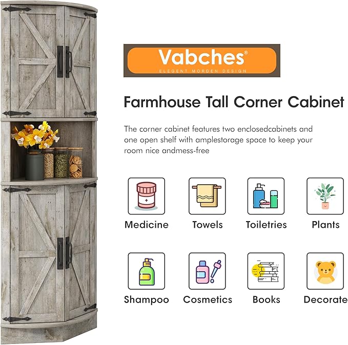 Vabches 64.8" Tall Farmhouse Corner Cabinet with 4 Doors and 5 Storage Shelves, Farmhouse Storage Cabinet with Barn Door Design, Home Space Saver for Living Room, Kitchen, Laundry Room,Grey