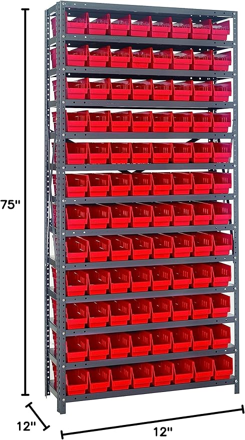 Quantum Storage Systems 1275-101RD Solid Heavy Duty 13 Shelves 96 Economy Red Bins 75" H x 36" W x 12" D