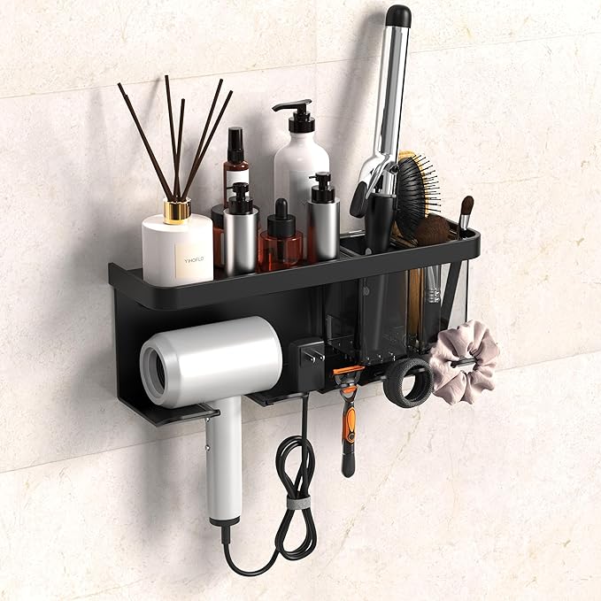 Hair Dryer Holder Wall Mounted Adhesive/Drilling, Hair Dryer Storage Organizer with Shelf & Hooks for Bathroom, Blow Dryer Holder, Hair Tool Organizer (Black)