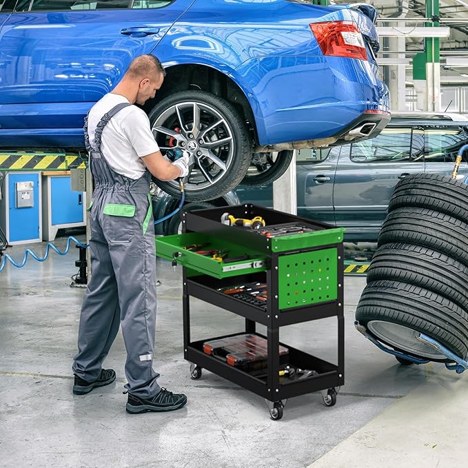 3 Tier Rolling Tool Cart on Wheels, 550 LBS Tool Cart with Drawers，Heavy Duty Utility Cart with Pegboard and Hooks，Mechanic Tool Storage Cart for Garage, Warehouse (Black-Green)