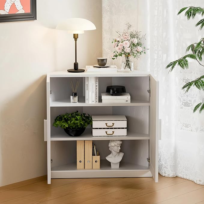 Casaphoria Farmhouse Corner Cabinet, Wooden Corner Storage Cabinet with Adjustable Shelves, Narrow Storage Organizer for Small Space, 31" H x 31" W x 16" D, 44Lb, White
