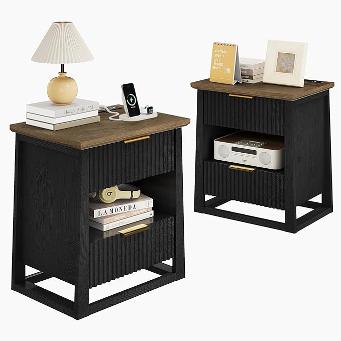 HIFYOBRO Fluted Nightstands Set of 2 with Charging Station & Motion Sensor Light, Modern Bedside Tables with 2 Drawers and Storage Shelf for Bedroom, Black
