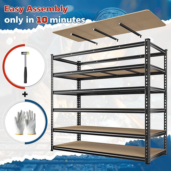 83.8"H Garage Shelving 59.8"W Metal Shelving 3000LBS Storage Shelves Heavy Duty Garage Shelves Adjustable 6 Tier Metal Shelf for Basement Warehouse Pantry Supermarket 59.8"W x 24"D x 83.8"H