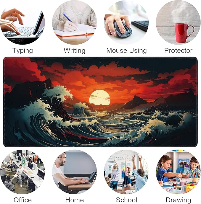 Japanese Sea Wave Large Mouse Pad,Gaming Keyboard Desk Pad,Extended Mouse Mat Non-Slip Rubber Base with Stitched Edges for Office Game Home XXL 35.4"x15.7"