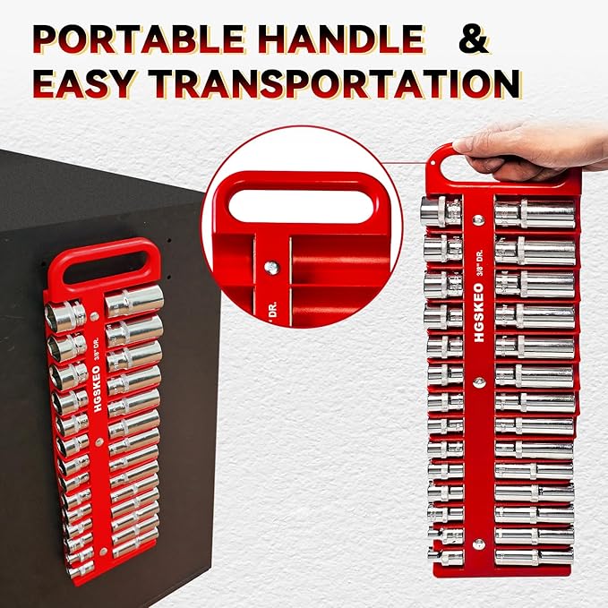 Magnetic Socket Holder Set with Handle, Portable Socket Organizer, Heavy Duty Socket Racks 3/8" Drive Holders Hold 28 standard Sockets for Tool Box (Red, 3/8" Drive)