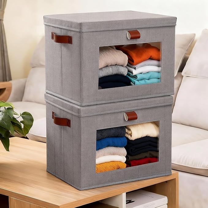 2-Pack Large Storage Bins with Lids,Stackable&Collapsible Closet Storage Bins,Oxford Fabric Organizer Box with Clear Window,Large Decorative Storage Boxes for Closet,Dorm16.5"x11.8"x11"