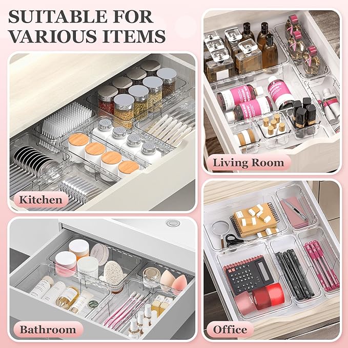 DILIBRA 12 Pcs Clear Extendable Drawer Organizer, Adjustable Drawer Storage 2-Size Desk Drawer Organizer, Plastic Non-Slip Storage Bins for Makeup, Cosmetic, Jewelries, Utensils, Stationery, Dressers
