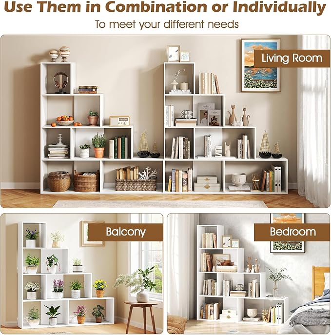 Tangkula 4-Tier Stepped Bookshelf, Freestanding 6 Cubes Ladder Bookcase with Anti-Tipping Kits, 64" Tall Modern Wooden Storage Display Rack for Home Office Living Room Study (1, White)