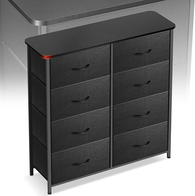 Curved Profile Dresser for Bedroom, Chest of Drawers, 8 Storage Drawers Organizer Unit, Brown Dresser with Fabric Bins for Closet, Living Room, Kid Room (Charcoal Black)