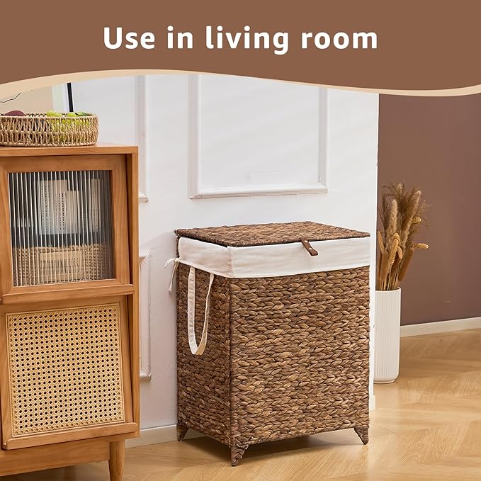 Laundry Hamper with Lid and Removable Liner Bag, Handwoven Natural Hyacinth Clothes Hamper with Heightened Feet, Wicker Laundry Basket for Clothes and Towels，Middle