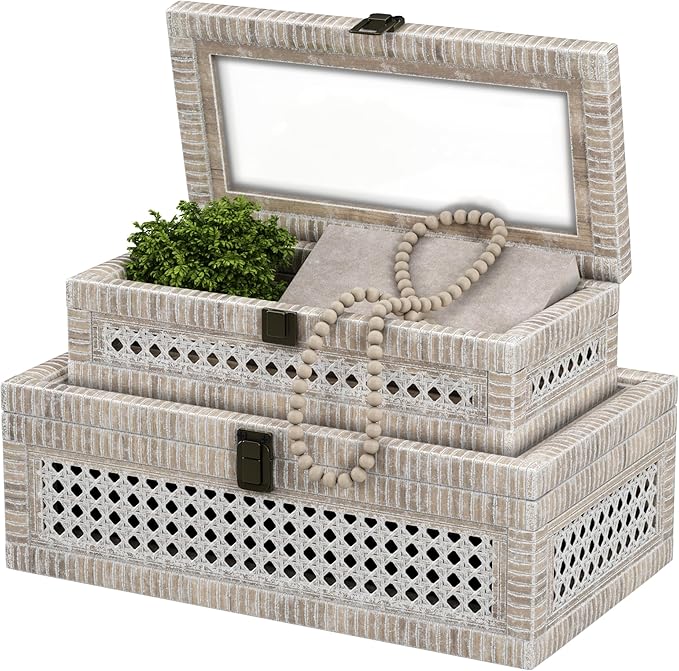 Rattan Decorative Box,Boho Display Boxes with Lids,Set of 2 Rectangular Wicker Storage Decoration,Natural Woven Cane Bins for Home Decor for Rustic Farmhouse(White)