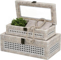 Rattan Decorative Box,Boho Display Boxes with Lids,Set of 2 Rectangular Wicker Storage Decoration,Natural Woven Cane Bins for Home Decor for Rustic Farmhouse(White)