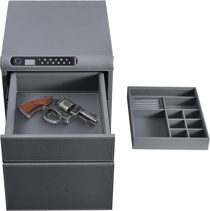 Jewelry Safe with Drawers，Biometric Fingerprint safe, Slide-Away Handgun Safe for Pistols, Leather Wrapped Jewelry Storage Safe, Digital Keypad & Quick-Access Drawer (Grey- 2 Drawer)