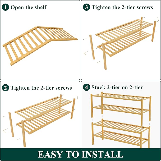 Smiry Bamboo Shoe Rack for Closet, 4 Tier Long Wooden Stackable Shoe Organizer, Free Standing Shoes Storage Shelf for Entryway, Front Door Entrance, Natural