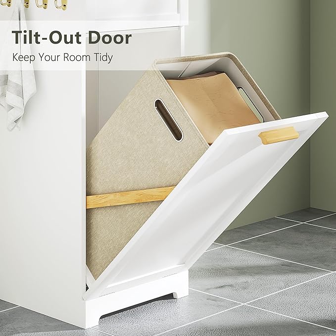 VECELO Tilt Out Laundry Hamper, 35" Bathroom Cabinet with Hidden Removable Basket, 1 Drawer and 4 Side Hooks for Storage, White
