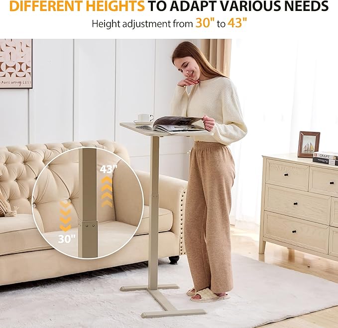 Overbed Table with Hidden Wheels, Height Adjustable Medical Bed Table Hospital Bedside Table, 28" W x 16" D Rolling Laptop Standing Desk for Home & Office, Greyish White