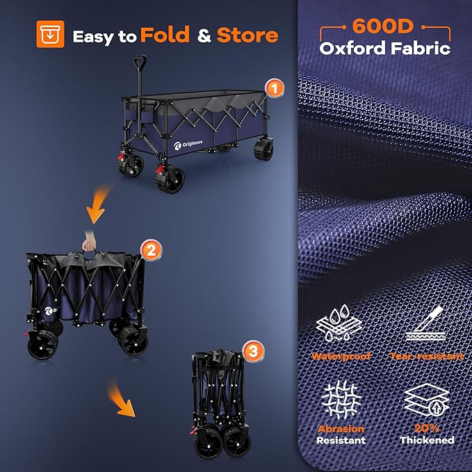 48" L Collapsible Beach Wagon Cart Foldable, 560LB Weight Capacity 300L Heavy Duty Folding Wagons with Big All-Terrain Wheels, Utility Carts for Groceries, Shopping, Camping, Sports - Grey&Purple
