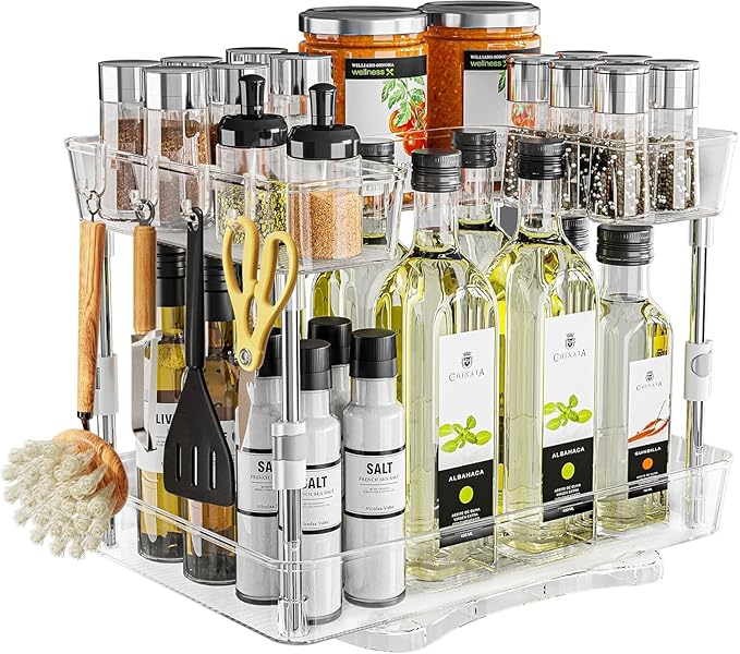 2 Tier Lazy Susan Organizer with 4 Hooks, 15" 2-Tier Lazy Susan Turntable for Cabinet, Counter Organizer Tray for Kitchen, Bathroom