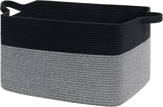 Goodpick Large Woven Blanket Basket 21.6" x 14.9" x 11.8" Storage Baskets for Organizing, Rectangle Baby Toy Bins for Kids Organizer Living Room Bedroom, Black & Gray