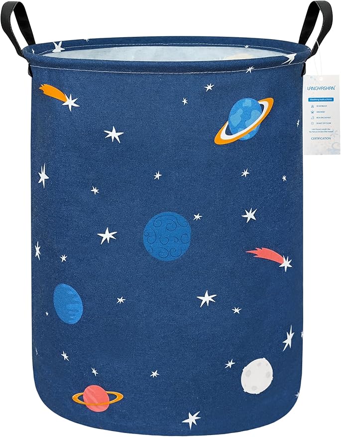 LANGYASHAN Laundry Basket Canvas Fabric Collapsible Organizer Basket for Storage Bin Toy Bins Gift Baskets Bedroom Clothes Children Nursery Hamper (Blue Space Astronaut)