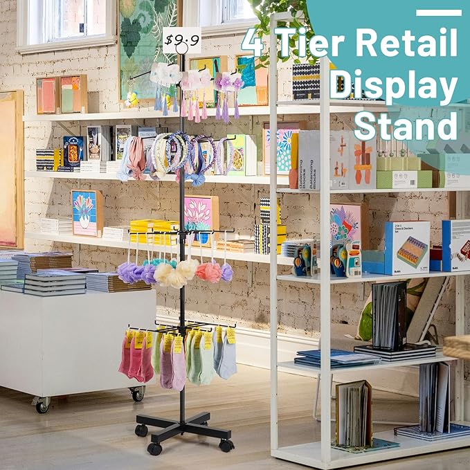 Retail Display Stand Rotating Display Stand 4 Tier Spinning Display Stand for Craft Shows, Jewelry, Keychain, Earring Adjustable Height Retail Display Racks (Black)
