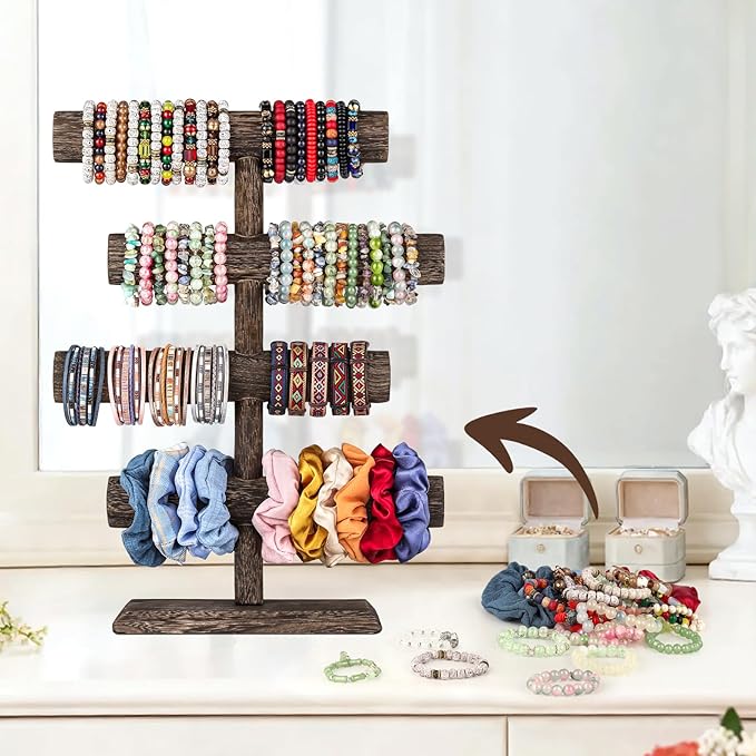 LadyRosian 4 Tier Wooden Display Jewelry Accessory Stand Jewelry Bracelet Holder Bangle Watch Necklace Storage Jewelry Holder Stand Display Organizer (Brown-4 layers)