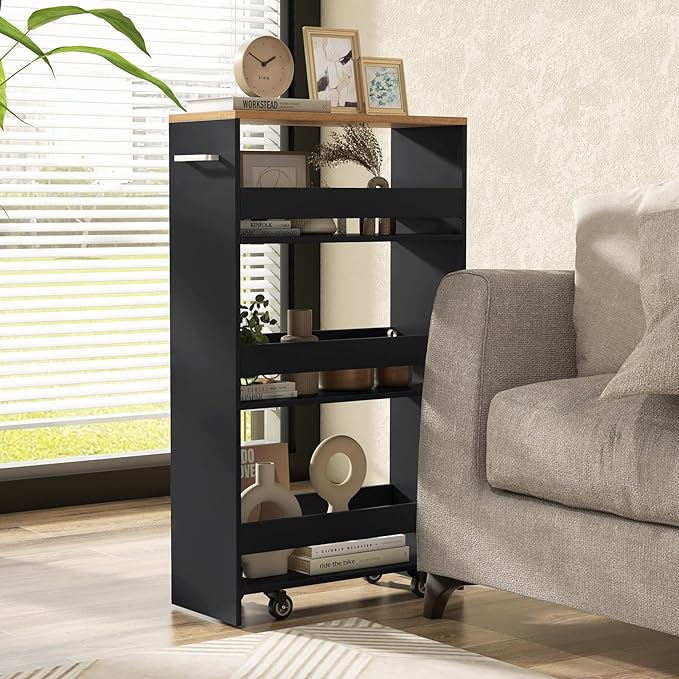LOKO 4-Tier Rolling Storage Cart, 8 Inches Slim Kitchen Cart on Wheels with Open Shelves & Handle, Laundry Room Cart Between Washer and Dryer, for Bathroom Next to Fridge (Black & Natural)