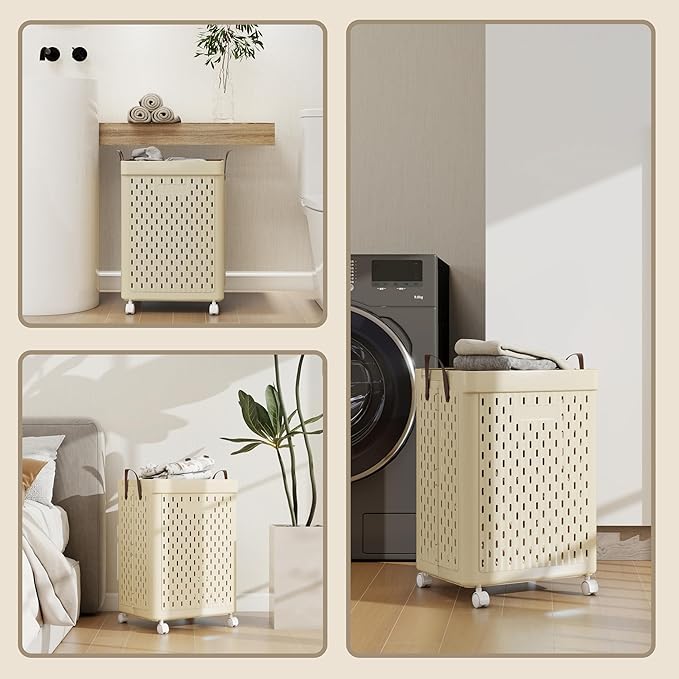 UAK Laundry Basket with Wheels, Collapsible Plastic Laundry Hamper with Handle, Foldable Laundry Basket Organizer for Laundry and Bathroom (Light Yellow, XXL)