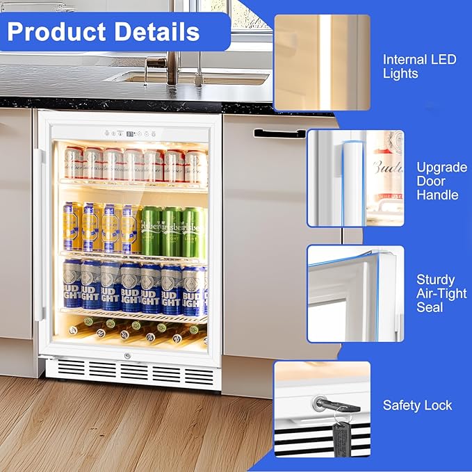 24 Inch Beverage Refrigerator with Glass Door, Undercounter Beverage Fridge 200 Cans Large Capacity, Beverage Cooler for Beer Soda with Reversible Door, Temperature Control, Safety Lock, White
