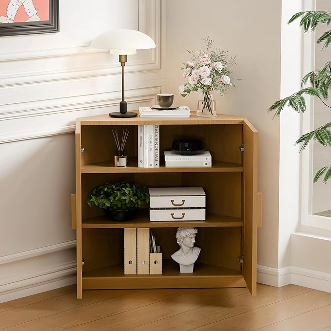 Casaphoria Farmhouse Corner Cabinet, Wooden Corner Storage Cabinet with Adjustable Shelves, Narrow Storage Organizer for Small Space, 31" H x 31" W x 16" D, 44Lb, Oak