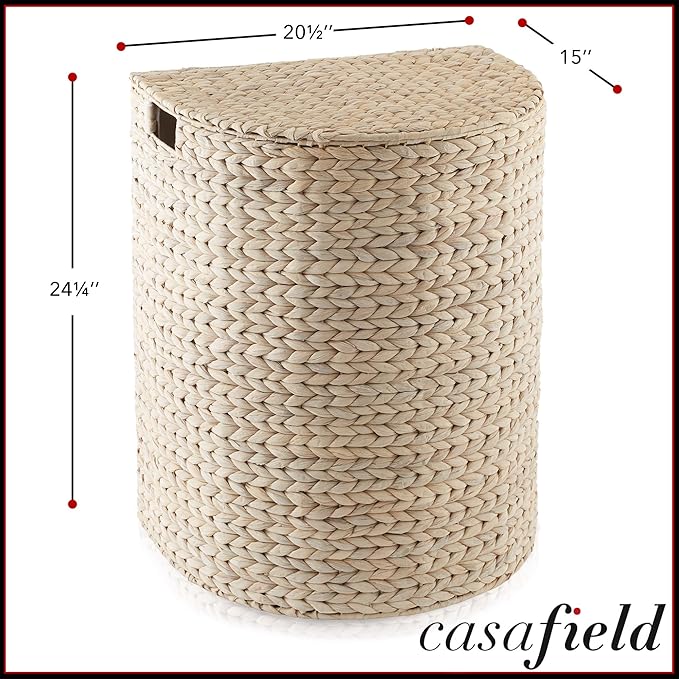 Casafield Half Moon Laundry Hamper with Lid and Removable Liner Bag - Whitewash, Woven Water Hyacinth Laundry Basket for Clothes and Towels