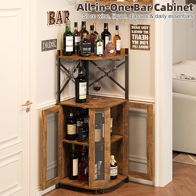 JKsmart Corner Bar Cabinet with Glass Holder,Industrial Wine Cabinet with Mesh Door,4-Tier Wine Cabinet with Open Shelf,Farmhouse Home Bar for Liquor and Wine Storage,Rustic Brown
