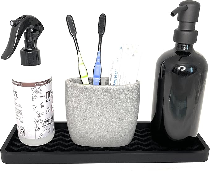 Happitasa Silicone Kitchen Sink Organizer Tray, Sponge Holder and Countertop Protector | Bathroom and Kitchen Soap Dish and Dispenser Tray (Black, 12" x 4", 9.2 Ounces, Zigzag)