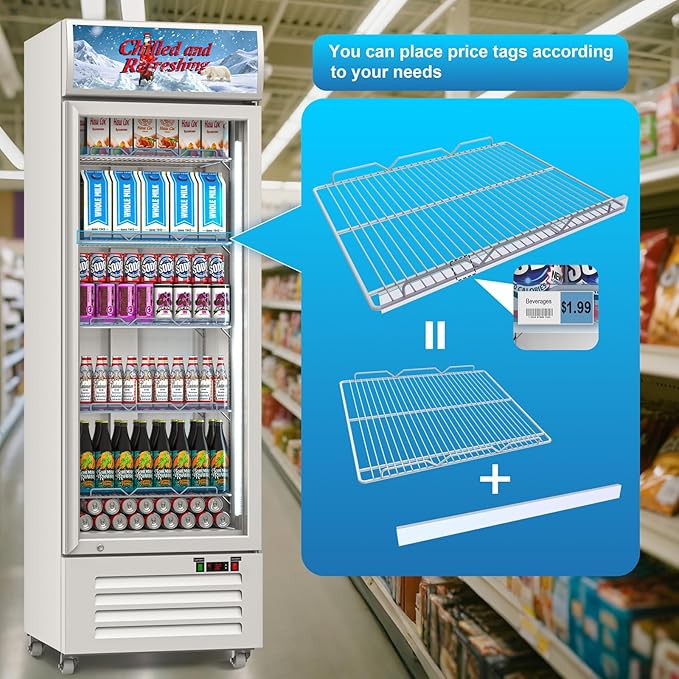 Commercial Beverage Refrigerator with Glass Door, 383L Display Fridge Beverage Cooler with Customizable Lightbox Adjustable Shelves, Drink Fridge Merchandiser for Restaurant Shop, White