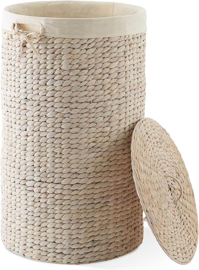 Casafield Round Laundry Hamper with Lid and Removable Liner Bag - Whitewash, Woven Water Hyacinth Wicker Laundry Basket for Clothes and Towels