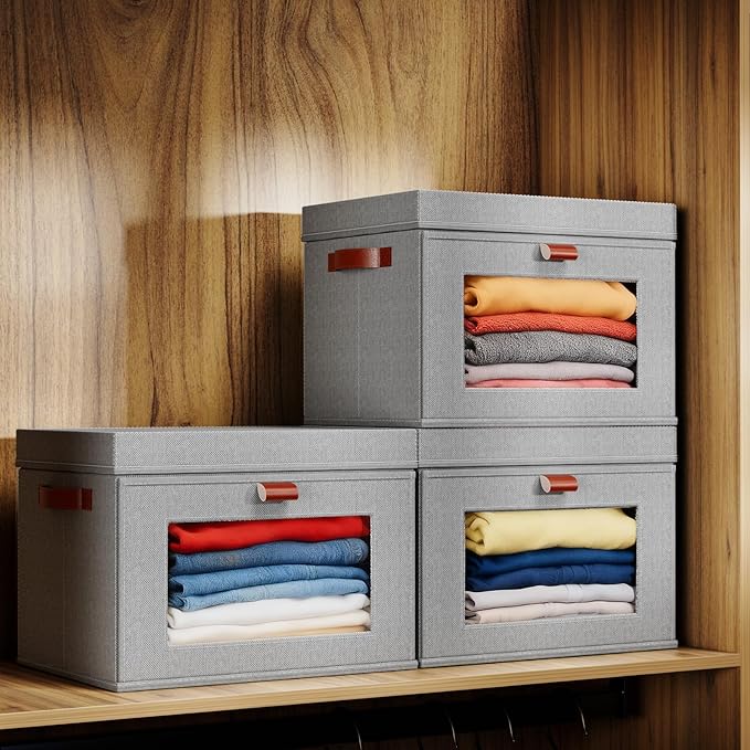 2-Pack Large Storage Bins with Lids,Stackable&Collapsible Closet Storage Bins,Oxford Fabric Organizer Box with Clear Window,Large Decorative Storage Boxes for Closet,Dorm16.5"x11.8"x11"