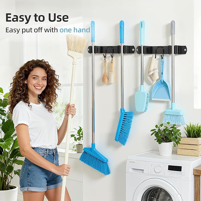 Broom Holder Wall Mount, 2-Pack Stainless Steel Mop and Broom Organizer, Broom Hanger with 2 Slots 2 Hooks for Home Kitchen, Garage, Garden and Laundry Room, Black