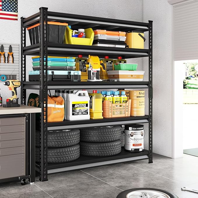 48" W Garage Storage Shelves Heavy Duty, 2800LBS Loads Adjustable Garage Shelving, 5-Tier Metal Shelving Units and Storage Racks, Industrial Utility Shelf,48" Wx18 Dx78 H, Black