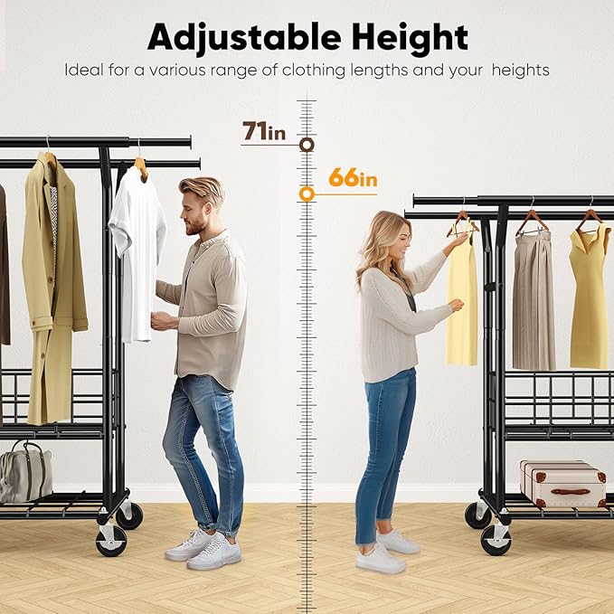 HOKEEPER Heavy Duty Clothes Rack Load 625 LBS, Clothing Rack for Hanging Clothes, Adjustable Black Double Rod with Metal Basket, Portable Rolling Garment Rack with Wheels for Bedroom, Laundry Room