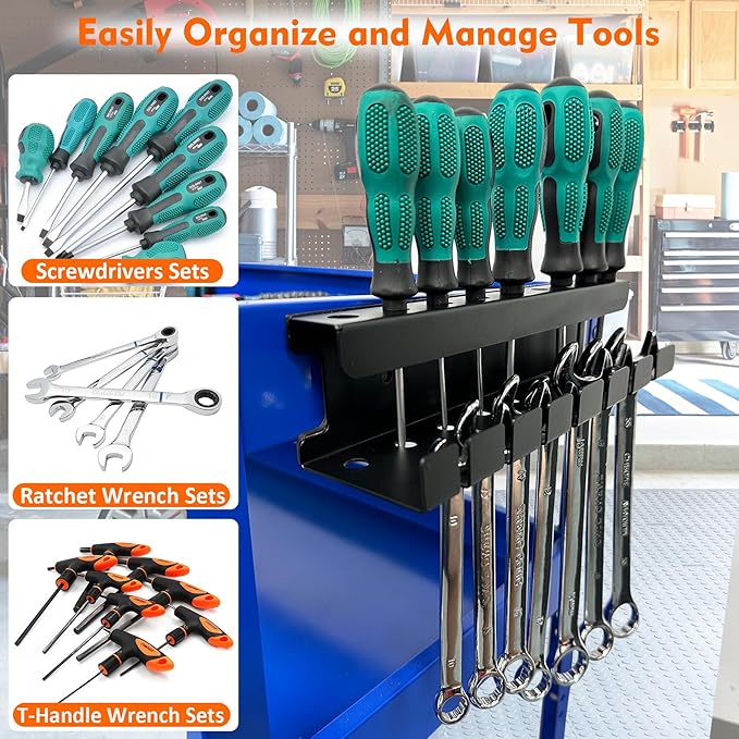 MUTUACTOR Magnetic Wrench Holder Heavy Duty,Anti-scratch Magnetic Mount Screwdriver Rack, 2 Layers Wrench Screwdriver Holder for Work Bench Toolbox Tool Cart,1PCS,Black,9 Holes and 7 Slots