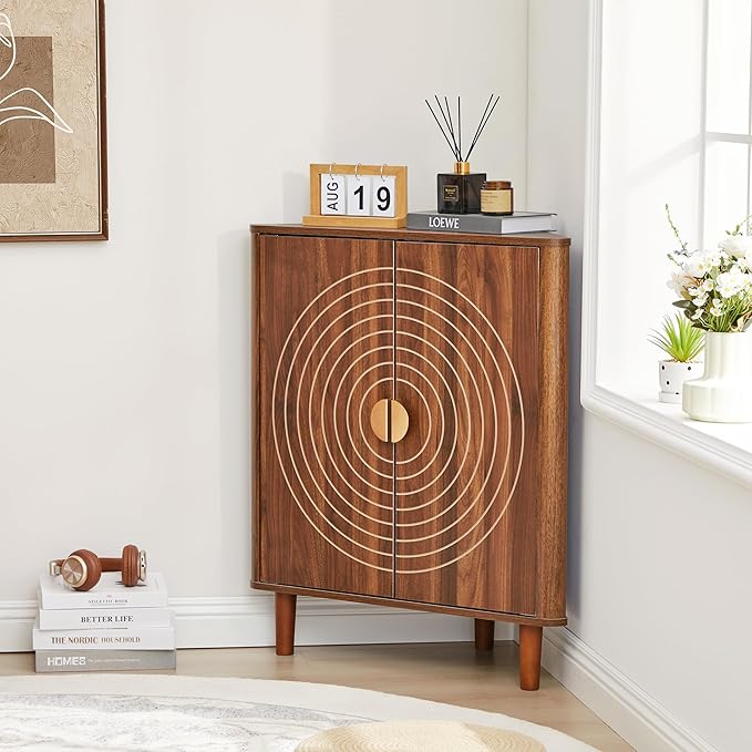 Small Corner Storage Cabinet, Modern Freestanding Floor Cabinet with Magnetic Door Lock and Adjustable Shelves, Small Space Corner Table for Bathroom, Kitchen, Dining Table, Living Room, Walnut