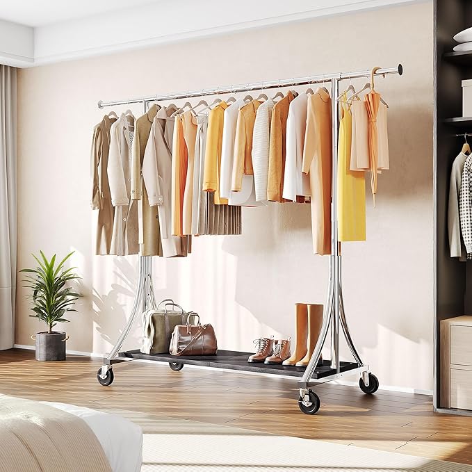 HOKEEPER Clothes Rack with Wood Shelves Height Adjustable Clothing Rack with Lockable Wheels 500LBS Portable Wooden Garment Closet for Bedroom, Living Room, Laundry, Balcony, Silver