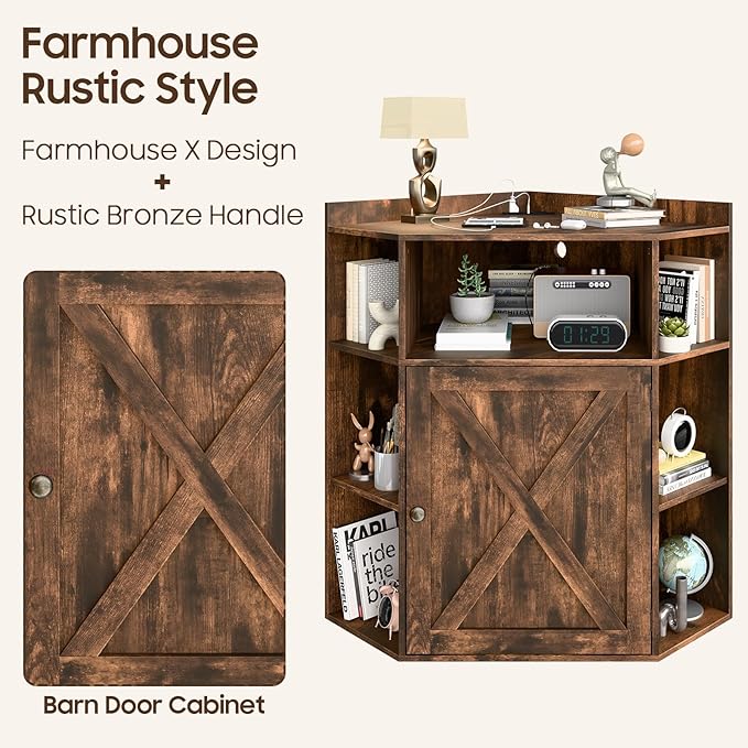 Corner Storage Cabinet, Farmhouse Corner Bookshelf with Storage 6-Cubby Wooden Cabinet with USB Ports and Outlets Industrial Organizer for Small Space, Study, Playroom, Living Room