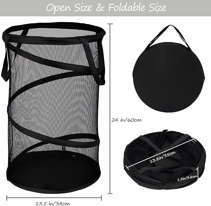 BATTOO Collapsible Laundry Basket Foldable Mesh Pop Up Hamper with Handles for Laundry Room, Bathroom, Kids Room, College Dorm, Travel, Storage Organizer Black