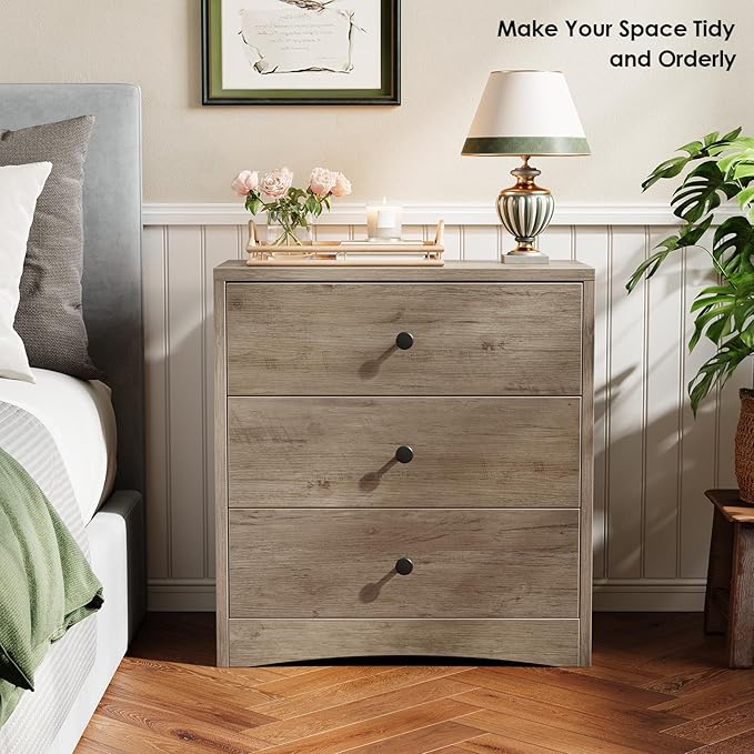 Nightstand, Bedside Tables, Farmhouse Wood Night Stand with 3 Storage Drawers, Small Wooden Dresser Chest of Drawers Bedside Cabinet for Bedroom Small Spaces, Gray