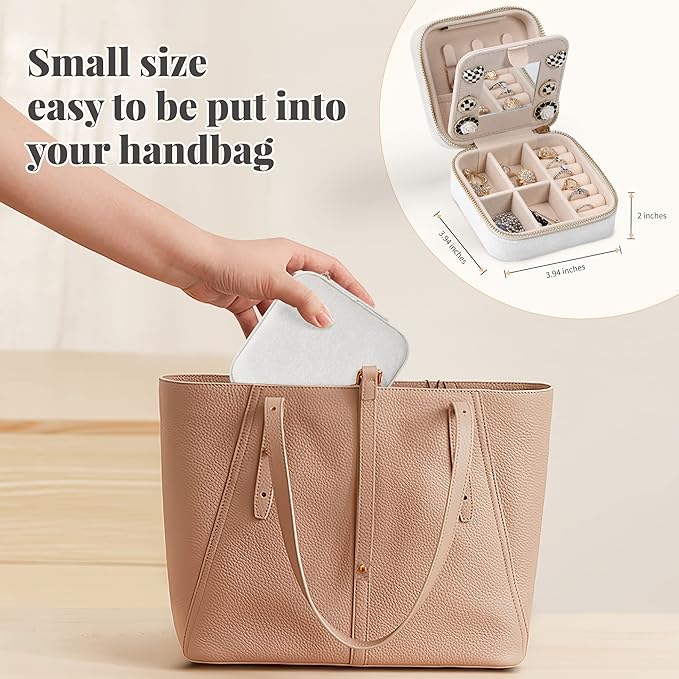 Dajasan Velvet Jewelry Box, Mini Travel Jewelry Case, Portable Travel Jewelry Organizer with Mirror for Birthday Mother's Day Valentine's Day(Beige)