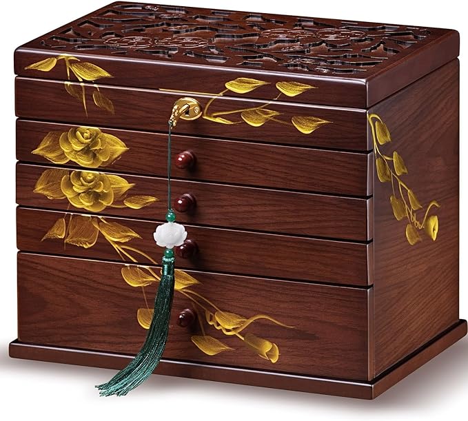 Hand-drawn rose Jewelry Box Wood for Wowen,6-Layer Wooden Jewelry Organizer Boxes with 4 Drawers dresser, Vintage Multi-functional Jewelry Storage Case with lock