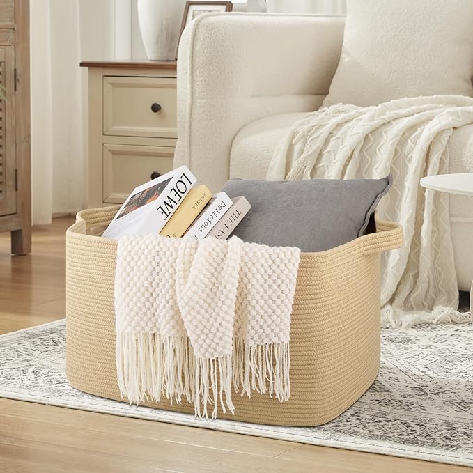 95L Extra Large Blanket Basket, 24" x 16.9" x 14.2" Woven Storage Basket for Living Room, Rectangle Nursery Blanket Storage for Toys, Towels, Dirty Clothes (Jute)