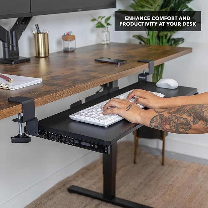 Mount-It! 30” Extra-Wide Clamp-On Under Desk Keyboard Tray, Large Slide-Out Keyboard Drawer for Desk, Ergonomic Pull-Out Platform with Smooth Gliding Tracks, No-Drill C-Clamp Mount